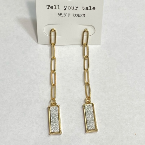 SILVER DRUZY & GOLD METAL CHAIN LINK 2.5” DANGLE POST EARRINGS - Picture 1 of 3